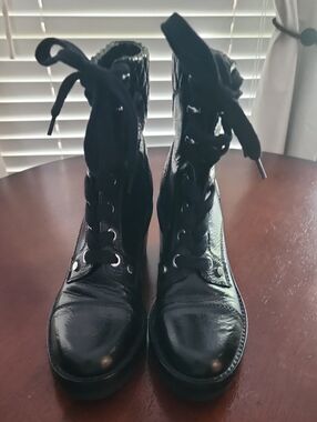 Marc Fisher Black Lace-Up Patent Combat Boots